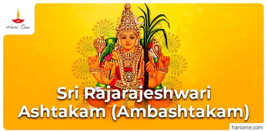 amba sambhavi candramaulirabalaSri Raja Rajeshwari Ashtakam (Ambashtakam) 'aparna uma parvati kali haimavati shiva trinayani katyayani bhairavi | savtri navayauvana shubhakar samrajyalaksmi prada cidrupa paradevta bhagavati srirarajesvari || 1 || amba mohini devta tribhuvani anandsandhini vani pallavapani venu murali ganapriyalolini | kalyni uduarajabimbavadana dhumrakshasamhariṇi cidrupa paradevta bhagavati srirarajesvari || 2 || amba nupraratnakankanadhari keyuraharmavali jaticampakavaijayantilahari graiveyakairajita | vina venu vinodamanditakara virasane saṁsthita cidrupa paradevta bhagavati srirarajesvari || 3 || amba raudrini bhadrakali bagala jvalamukhi vaishnavi brahmani tripuranta suranuta dedipyamanojvala | camun dasritarakshaposajanani daksayani vallavi cidrupa paradevta bhagavati srirarajesvari || 4 || amba shula dhanuh kushanku shadhari ardhendubimbadhari varahi madhukaṭabhapraśamani vani ramasevita | malladyasuramukadaityamathani mahesvari ambika cidrupa paradevta bhagavati srirarajesvari || 5 || amba srstivinashapalanakari arya visamshobhita gaytri pranavaksharamrtarasaḥ purnanusandhikrta | oṅkari vinutasutar citapada uddandadaitya phah cidrupa paradevta bhagavati srirarajesvari || 6 || amba shasvat agamā divinuta arya mahadevtā ya brahmadi pipilkant janani ya vai jagan mohinī | ya pancapranavadirephajanani ya citkalamalini cidrupa paradevta bhagavati srirarajesvari || 7 || ambapālita bhaktaraajdanishaṁ ambashtakaṁ yaḥ pathēt amba lokakaṭakṣa vikṣalalitaṁ caishvaryamavyahatam | amba pāvana mantraraja pathanādante ca mokṣaprada cidrupa paradevta bhagavati srirarajesvari || 8 || iti srirarajesvari ashtakam